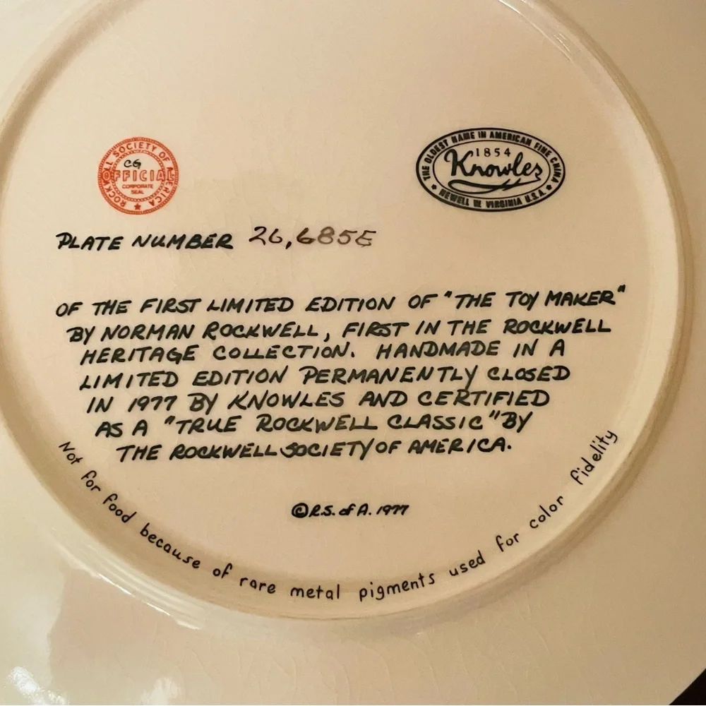 Knowles Norman Rockwell Collector Plate The Toy Maker 1977 Plate #26,685E - Picture 5 of 5